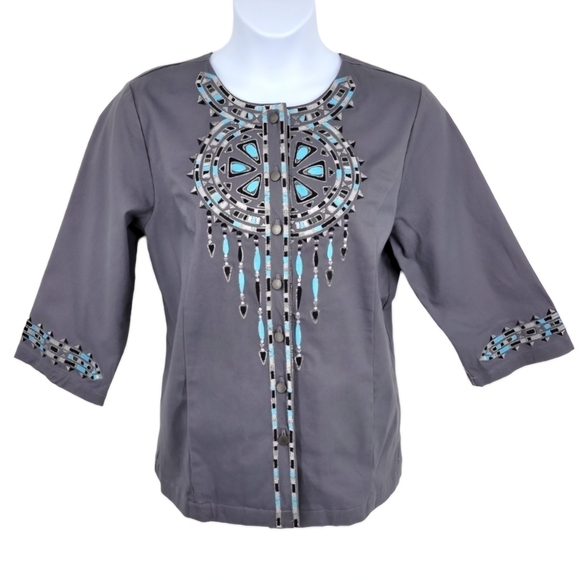 Bob Mackie Gray and Blue Dream Catcher Kaftan Top Size L - Picture 1 of 14